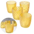 Produktbild: LS-LebenStil 4X Glas Teelichthalter Retro Gelb 7cm 4´er Set Kristall Ornament Teelicht-Gläser Windlicht-Halter Kerzenständer Tischdeko Kerzen Deko Kerzenhalter für Teelichter Hochzeit