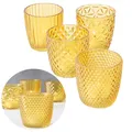 Produktbild: 4x Glas Teelicht-Halter Set Retro Gelb Kerzengläser Ständer Windlicht Tisch-Deko