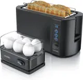Produktbild: Arendo - Set Toaster FRUKOST mit Eierkocher SIXCOOK Edelstahl Schwarz, Toaster 4 Scheiben, LED-Display, 6 Bräunungsgrade, Brötchenhalter - Eierkocher 1-6 Eier, Messbecher