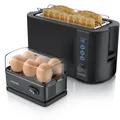 Produktbild: Arendo - Set Toaster FRUKOST mit Eierkocher SIXCOOK Edelstahl Schwarz, Toaster 4 Scheiben, LED-Display, 6 Bräunungsgrade, Brötchenhalter - Eierkocher