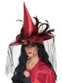 Produktbild: Smiffys Hut Hexe, Dunkelrot, mit Netz und Federn, Deluxe Halloween