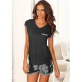 Produktbild: Shorty LASCANA, Damen, Gr. 36/38, schwarz (schwarz, gemustert), Single Jersey, Obermaterial: 100% Viskose, gemustert, unifarben, Basic, bequem kurz, Umschlagsaum, Homewear-Sets Shorty, im Schwarz-Weiß-Design