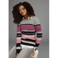 Produktbild: Rundhalspullover KANGAROOS, Damen, Gr. 36/38, bunt (bunt, lila), Rippstrick, Obermaterial: 70% Baumwolle, 30% Polyacryl, gestreift, meliert, figurbetont hüftbedeckend, Rundhals, eingesetzt Rippbündchen mit Daumenlöchern, Pullover Rundhalspullover, im sportivem Streifen-Design