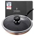 Produktbild: NYORD Kupferpfanne - Antihaft, Kratzfest, Pfanne Wabenstruktur, Hybrid Kupfer Bratpfanne, Kupferkern, Keramik Beschichtung, PTFE & PFOA frei, Ofenfest, für Induktion, Gas & Ceran, mit Deckel - 28 cm