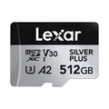 Produktbild: Lexar Silver Plus Micro SD Karte 512GB, Bis zu 205 MB/s Lesegeschwindigkeit, 150MB/s Schreibgeschwindigkeit, Speicherkarte Micro SD mit SD Adapter, UHS-I, A2, U3, V30, Klasse 10, 4K UHD microSDXC
