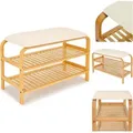 Produktbild: Bambus Schuhregal, Schuhregal aus Bambus mit Sitzbank, Schuhbank mit Sitzkissen, Sitzbank 70×30×46 cm Beige - Beige