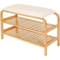 Produktbild: AD.CON Bambus Schuhregal Schuhregal aus Bambus mit Sitzbank Schuhbank mit Sitzkissen und Schublade Sitzbank 70×30×46 cm Beige
