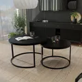 Produktbild: Industrieller 2er Set runder Couchtisch Lavo mit Metallgestell matt Kaffeetisch Wohnzimmertisch Stapelbar 70x48 cm+50x42 cm (Ø x H) Farbe: Schwarz / Schwarz Matt