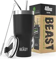 Produktbild: Greens Steel Beast Tumbler – 1050 ml (40 oz), Matt-schwarz | Wiederverwendbarer Edelstahl, vakuumisolierter Becher | mit 2 Strohhalmen & Reinigungsbürste | Doppelwandiger Reise-Thermobecher