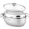 Produktbild: KLAMER Bräter mit zwei Deckeln 41 cm, backofengeeignet, 8,5L XXL Bräter mit Deckel, mit 4L Deckelpfanne, extra Glasdeckel, für alle Herdarten inkl. Induktion, Edelstahl