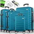 Produktbild: tillvex® Reisekoffer Set 4-teilig + Gepäckwaage, 8X Koffergurte & 4X Kofferanhänger | Kofferset 4 Rollen | Trolley Gepäck Koffer TSA Schloss | Hartschalenkofferset S-M-L-XL