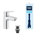 Produktbild: GROHE Start, energiesparende Waschtischarmatur, Kaltwasser in Mittelstellung (Wasserhahn für das Waschbecken im Bad, 17cm hoch, Badarmatur mit Pop-Up Ablauf, mit 3in1 Werkzeug), chrom, 23551002