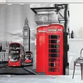Produktbild: ABAKUHAUS Europa Duschvorhang, London Retro Telefonzelle, Stoffliches Gewebe Badezimmerdekorationsset mit Haken, 175 x 200 cm, Grau Rot