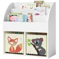 Produktbild: Bellabino Koro Bücherregal Kinder Weiß – Regal Kinderzimmer mit 3 Bücher Fächern – Montessori Kinderregal mit 2 Ablagefächern – Spielzeug Aufbewahrung Holz 79x34x72 cm (inkl. 2 Faltboxen Koala/Fuchs)