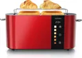 Produktbild: Arendo Toaster 4 Scheiben, Langschlitztoaster, Langschlitz, Edelstahl, 1500W, Display mit Restzeitanzeige, Brötchenaufsatz, Defrost Funktion, Wärmeisolierendes Gehäuse, Touch Display, rot