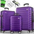 Produktbild: tillvex® Reisekoffer Set 3-TLG. + Gepäckwaage, 6X Koffergurte & 3X Kofferanhänger | Kofferset 4 Rollen | Trolley Gepäck Koffer TSA Schloss | Rollkoffer Hartschalenkofferset S-M-L-XL (LIla)