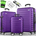 Produktbild: tillvex® Reisekoffer Set 3-TLG. + Gepäckwaage, 6X Koffergurte & 3X Kofferanhänger | Kofferset 4 Rollen | Trolley Gepäck Koffer TSA Schloss | Rollkoffer Hartschalenkofferset M-L-XL (Lila)
