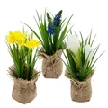 Produktbild: Spetebo Deko Kunstblume im Jutesäckchen 19 cm - 3er Set - Kunstpflanze klein mit Blumen und Büten im Topf - Tischdeko Kunst Frühlingsblume Zimmerpflanze Narzisse Hyazinthe Krokus künstlich