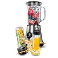 Produktbild: MPM MBL-15M Standmixer, 1-Liter-Behälter, Smoothie Mixer, 2 Tragbare Flaschen Smothie To Go 0,6 Liter, BPA frei, 2 Geschwindigkeiten + Pulsfunktion, Eiscrusher, Edelstahlklingen, 450 W Edelstahl