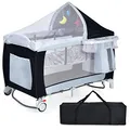 Produktbild: COSTWAY 4 in 1 klappbares Reisebett & Babywiege & Wickeltisch & Laufstall mit Schaukelfunktion, inkl. Spieluhr, Spielbogen, Wickelauflage, Matratze, Windel Organizer und Tragetasche (schwarz)