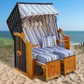 Produktbild: BRAST® Strandkorb Rügen Deluxe | für 2 Personen | 120cm breit | 5 Designs | inkl. wetterfeste Abdeckhaube | verstellbare Rückenlehne weiches Fußkissen | Grau/Blau/Olive - gestreift