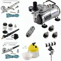 Produktbild: Agora-Tec® Airbrush Komplett-Set EXPERT V.13, inkl. Kompressor mit 4 bar und 20l/min + 3 Airbrushpistolen mit 0,2 & 0,3 & 0,5 & 0,8mm Nadeln/Düsen + 3 Schnellkupplungen + 4-fach-Halter + Clean-Pot + 2 Schläuche + Adapter