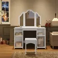 Produktbild: Kinder Schminktisch, Frisiertisch Mit Hocker Spiegel, Kinder Kosmetiktisch Mit Abnehmbarer Dreifachspiegel, 4 Offenen Fächern, Verstellbare Einlegeböden, Kosmetiktisch, Mdf, Weiß - Woltu