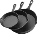 Produktbild: VEVOR Gusseisenpfanne Bratpfannen-Set (160 / 220 / 265 mm), Hochleistungs-Bratpfannen mit hitzebeständigem Griff, Kochpfanne, Küchenkochgeschirr, geeignet für Backofen Gas Elektro Schwarz
