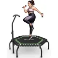 Produktbild: BCAN Fitness Trampolin Indoor Ø 122 cm, Trampolin Erwachsene bis 250 kg, Bodentrampolin mit verstellbarem T-Griff & 42 Gummiseilen - Grün