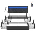 Produktbild: VASAGLE Doppelbettgestell, Bettgestell, 140 x 200 cm, LED, Metallbett, 4 Schubladen, Ladestation, verstellbares gepolstertes Kopfteil, Schiefergrau