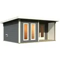 Produktbild: Karibu Saunahaus Mainburg 5 mit Vorraum - 38 mm terragrau Set B (Sauna B 2,25 x T 1,9 m mit 3 Liegen 57/52 cm) Ohne Ofen