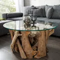 Produktbild: Design Couchtisch NATURE LOUNGE 60cm Teakholz runde Glasplatte Wohnzimmertisch