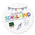 Produktbild: itenga 10x Sticker Einschulung Schulanfang Aufkleber Endlich Schulkind Tafel rund Gastgeschenk Geschenkverpackung (weiß)