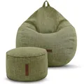 Produktbild: Green Bean Indoor XXL Sitzsack Home Linen + Hocker mit EPS-Perlen Füllung - Sitz-Pouf Bodenkissen Liegekissen Sitzkissen Lounge Chair Sitzhocker Relax-Sessel Bean Bag Grün