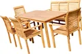 Produktbild: ALEOS. Teak Set Gartengarnitur Tisch 150x80 cm mit 1 Bank 150 cm für 3 Personen und 4 Stapelstühle Sessel Holz Serie ALPEN Gartenmöbelset Esstischgruppe
