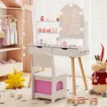 Produktbild: COSTWAY Kinder Schminktisch Set, Frisiertisch mit LED Spiegelschrank, 2 Schubladen, 3 Haken&Zubehör, Kinderschminktisch Holz, für Mädchen 3+Weiß - Weiß