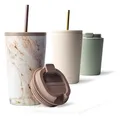Produktbild: MAMEIDO Thermobecher mit Strohhalm 470 ml, Trinkbecher mit Deckel und Strohhalm aus Edelstahl doppelwandig isoliert, auslaufsicher, Coffee to go Becher (Pearl Marble)