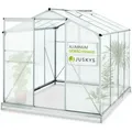 Produktbild: Juskys Aluminium Gewächshaus mit Fundament für Garten - 4,75 qm - 190 × 253 cm - 1 Dachfenster & Schiebetür - 4 mm Platten - Silber/Transparent