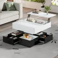 Produktbild: MODFU Anhebbarer Couchtisch Beistelltisch mit 360° drehbarer Tischplatte, doppelschichtiger Wohnzimmertisch mit 3 Schubladen und Stauraum, Weiß+Schwarz
