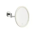 Produktbild: tesa VISIOON LED-Kosmetikspiegel - kabelloser Schminkspiegel mit dimmbarer Beleuchtung - Touch Control, integrierter Akku, 5-fache Vergrößerung, Gelenkarm - Wandmontage ohne Bohren - 18 cm - Chrom