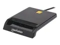 Produktbild: Manhattan USB-A Contact Smart Card Reader, 12 Mbps, Friction type compatible, External, Windows or Mac, Cable 105cm, Black, Three Year Warranty, Blister