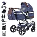 Produktbild: Daliya® BAMBIMO 3in1 Kinderwagen & Buggy mit Auto-Babyschale, XXL-Set, Wickeltasche, Regenschutz, Spiel- und Esstisch, Airless-Räder, Alu-Rahmen (Blau - Rahmen Silber)