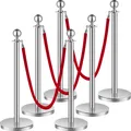 Produktbild: VEVOR Absperrgitter (6 Stück) mit 3 roten Samtseilen (1,5 m lang), Absperrgitter aus Edelstahl mit nachfüllbarem Sockel, für Messen, Silber