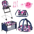Produktbild: Bayer Design 61769AB Puppen Set 9 in 1 mit Reisebett, Tasche, Spielbogen, Hochstuhl, Plastik Geschirr, Puppenzubehör, blau, pink, sterne