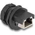 Produktbild: Delock RJ45 Cat.6A Kupplung mit Verschlusskappe zum Einbau IP67 staub- und wasserdicht - Cat6a - Schwarz - Metall