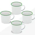 Produktbild: FUN FAN LINE | Set aus Emaille-Bechern 350 ml Kaffee/Tee/Heiß-/Kaltgetränke Retro/Vintage-Design, Camping Picknick oder Reisebecher Leicht, tragbar und wiederverwendbar (Weiß mit Grün, 4er-Set)