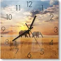 Produktbild: DEQORI Glasuhr 30x30 cm Zahlen 'Elefanten in der Steppe' Wanduhr Glas Uhr Design leise