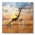 Produktbild: DEQORI Glasuhr | 30x30 cm | Motiv Elefanten in der Steppe | ausgefallene leise Design Uhr aus Glas | Wanduhr für Wohnzimmer & Küche | moderne Hingucker Uhr für die Wand