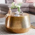 Produktbild: WOHNLING Couchtisch 60x36x60 cm Aluminium Beistelltisch Gold Orientalisch Rund Flacher Hammerschlag Sofatisch Metall Wohnzimmertisch Modern