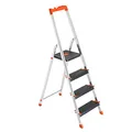 Produktbild: SONGMICS Leiter mit 4 Stufen, Aluleiter, 12 cm breite Stufen mit Riffelung, Anti-Rutsch-Füße, mit Handlauf, Werkzeugschale, bis 150 kg belastbar, schwarz-orange GLT04BK